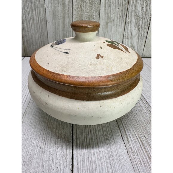 Vintage Mexican Tonala Trinket Dish with Blue Floral Accents 4" Diameter 3" Tall - Picture 4 of 14